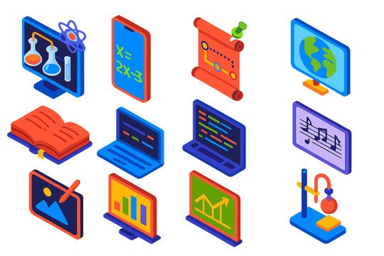 Academic Tools Icons. Isometric vector illustration set Academic tools: virtual science lab, math equation solver app, history
