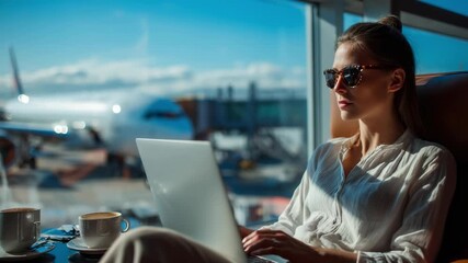 Working remotely in an airport lounge business professional travel environment bright daylight view - Powered by Adobe