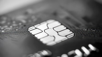 Secure digital payment chip on modern credit card extreme close-up