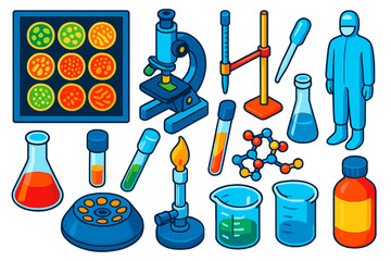 Scientific Lab Equipment Set. Isometric vector illustration set scientific lab equipment and microbiology: bacterial colony
