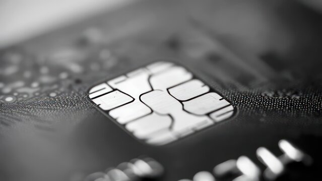 Secure digital payment chip on modern credit card extreme close-up