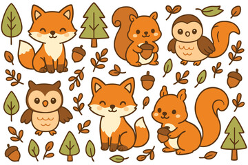 Cute cartoon forest animals fox owl squirrel with autumn leaves and trees
