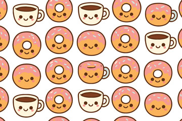 Cute kawaii donuts and coffee cups pattern seamless repeating background