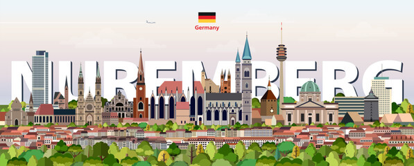 Nuremberg cityscape colorful vector illustration with a big city name on the background. Travel trendy poster