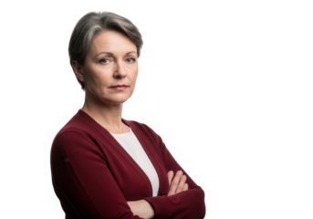 Professional mature woman confident portrait with arms crossed and direct gaze transparent background
