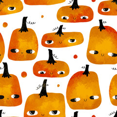 Funny cartoon orange pumpkins seamless pattern. Halloween pumpkins for autumn. Hand drawn illustration background. Baby design