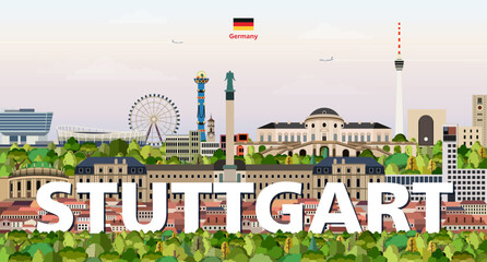 Stuttgart cityscape colorful vector illustration with a big city name on the background. Travel trendy poster