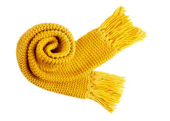 Yellow scarf isolated on white, autumn decor, fall clothing element. Decoration object..