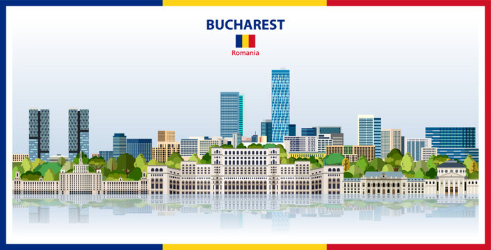 Bucharest city skyline with a frame border in the colours of the flag of Romania. Vector illustration