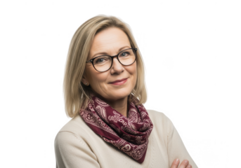 Mature woman with glasses and scarf smiling confidently portrait professional photography transparent background