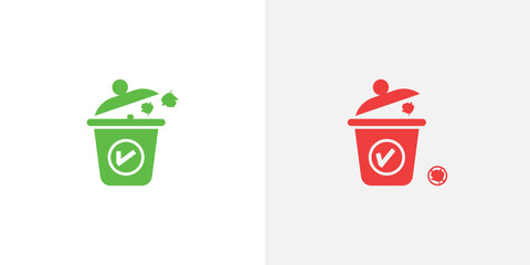 Green and red trash can icons with checkmarks