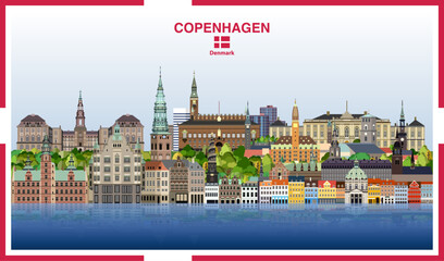 Copenhagen city skyline with a frame border in the colors of the flag of Denmark. Vector illustration