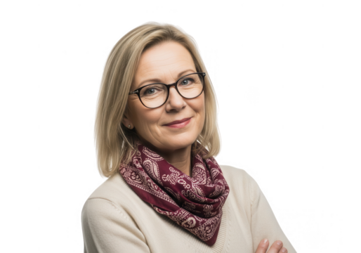 Mature woman with glasses and scarf smiling confidently portrait professional photography transparent background - Powered by Adobe