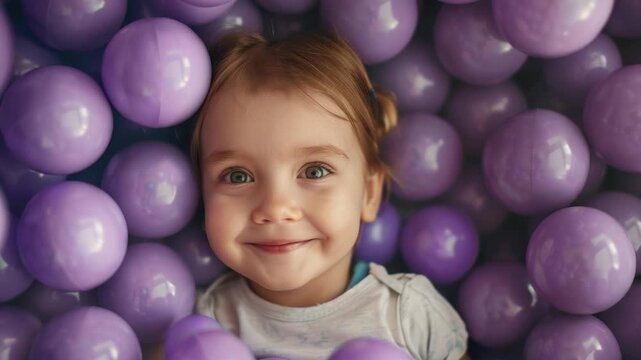 A young girl having fun in a colorful ball pit with purple balls