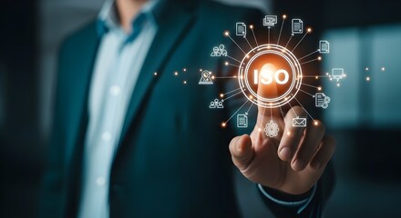 Business Professional Touching Holographic ISO Icon with Connected Elements