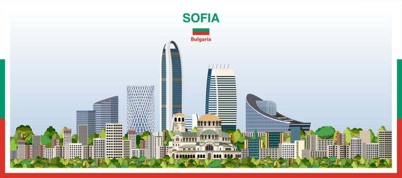 Sofia city skyline with a frame border in the colors of the flag of Bulgaria. Vector illustration