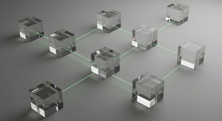 A complex database schema is visualized as floating, translucent crystal cubes connected by glowing laser beams, representing the clean and precise nature of architectural data design