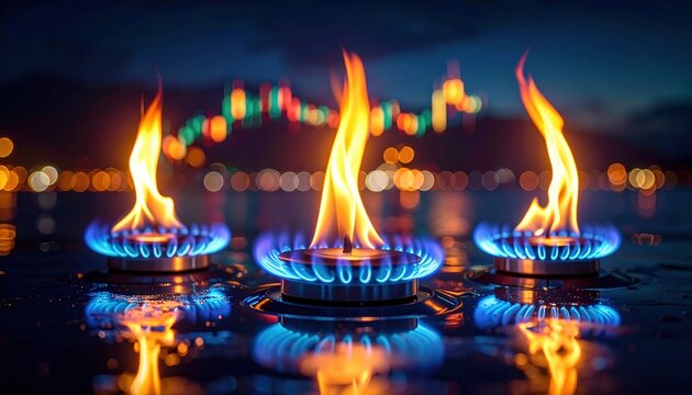 Burning gas flames on stove with city lights and financial chart in background symbolizing energy crisis, rising cost, global market tension and sustainability debate