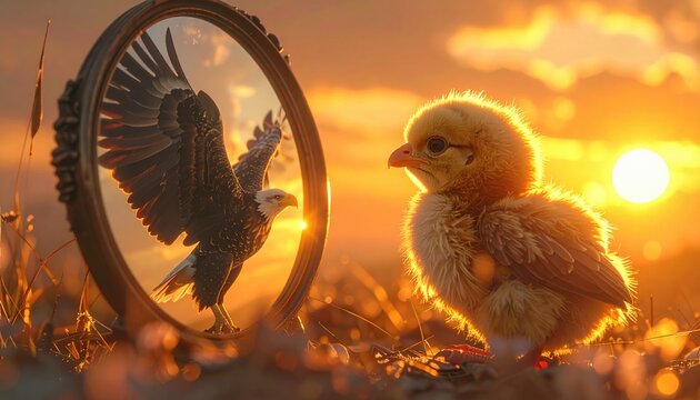 Chick facing mirror reflecting eagle symbolizing potential, growth, self discovery, leadership, motivation, courage and transformative journey of inner strength