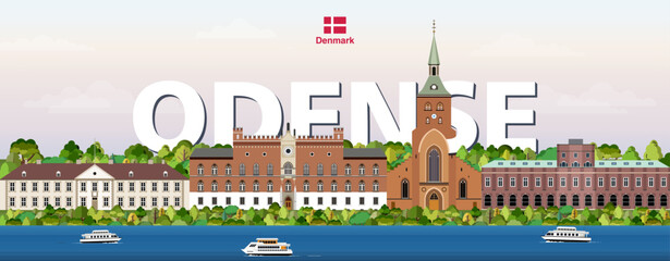 Odense cityscape colorful vector illustration with a big city name on the background. Travel trendy poster