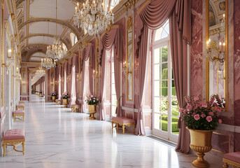 Pink Palace Hallway Interior with Marble Floor and Arched Windows