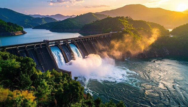 Hydroelectric dam releasing water at sunset in a valley surrounded by green mountains showing energy production, climate change and sustainable resources