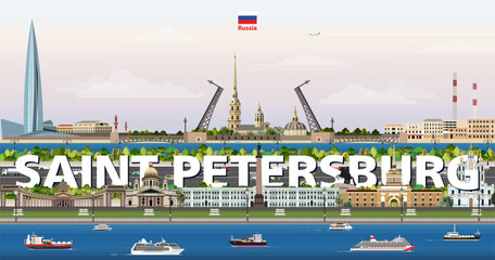 Saint Petersburg cityscape colorful vector illustration with a big city name on the background. Travel trendy poster