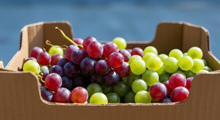 Box of fresh green and red grapes 