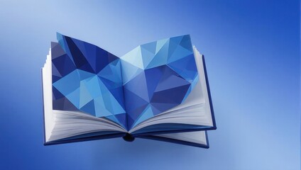 Open book transforms into abstract blue geometric shapes, symbolizing knowledge and innovation