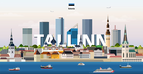 Tallinn cityscape colorful vector illustration with a big city name on the background. Travel trendy poster