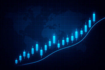 Stock market growth graph with blue digital bars and upward arrows
