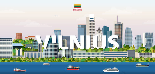 Vilnius cityscape colorful vector illustration with a big city name on the background. Travel trendy poster