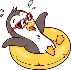 Cute cartoon penguin relaxing in a yellow swim ring with sunglasses, perfect for summer, vacation, holiday, beach, funny and colorful animal playing vector.