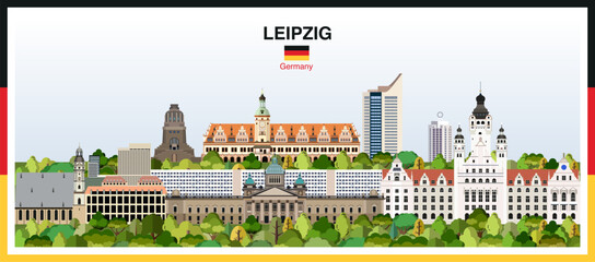 Leipzig city skyline with a frame border in the colors of the German flag. Vector illustration