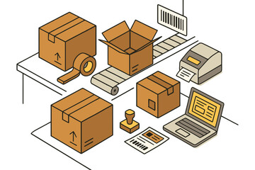 Shipping and logistics process with boxes tape and laptop on a table