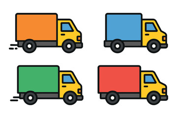 Four colorful cartoon delivery trucks in different colors and directions