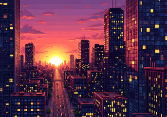 Pixel Art Cityscape. Pink and Purple Sunset Over Tall Glass Skyscrapers