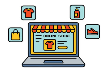 Laptop displaying an online store with various products for sale