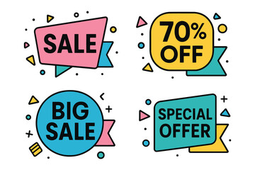 Four colorful sale discount offer tags with text and confetti