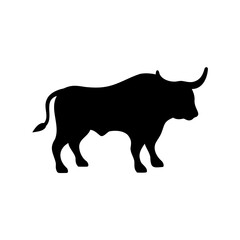 Black silhouette of a strong bull standing on a white background