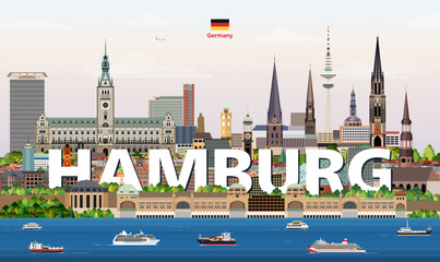 Hamburg cityscape colorful vector illustration with a big city name on the background. Travel trendy poster
