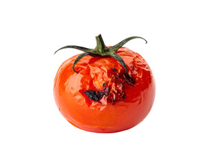 Roasted cherry tomato with blistered charred skin, glossy surface and green stem on isolated background