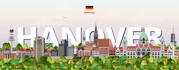 Hanover cityscape colorful vector illustration with a big city name on the background. Travel trendy poster
