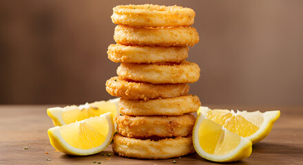 Fried calamari rings stacked artistically with lemon wedges