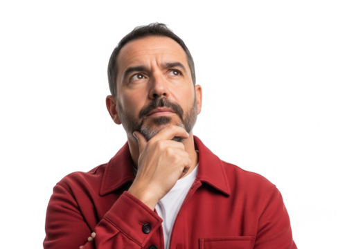 Thoughtful man pondering decision with hand on chin wearing red jacket looking upwards transparent background