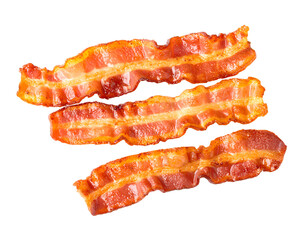 Three crispy fried bacon strips with shiny rendered fat and wavy texture on isolated background