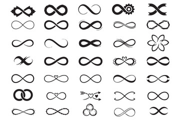 Infinity symbols collection, black infinity vector illustrations, white background design elements, logo and branding icons, mathematical representation, classic and modern styles