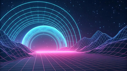 Obraz premium Vibrant neon portal gateway arching over a futuristic landscape under a starry night sky