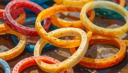 Colorful rings with intricate designs, a vibrant display of various shades of orange, red, and blue.