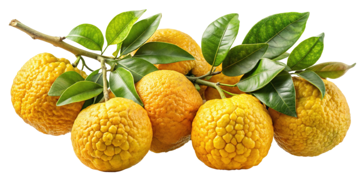 A cluster of ripe textured yellow fruits hanging from a leafy branch isolated on transparent background - Powered by Adobe